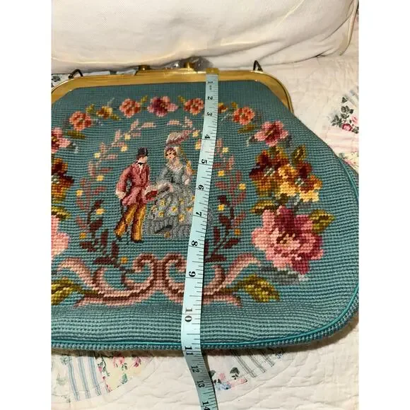 SHOWPIECE! NEVER USED VINTAGE 50's TEAL NEEDLEPOINT & PETITPOINT LEATHER BAG - Picture 7 of 14